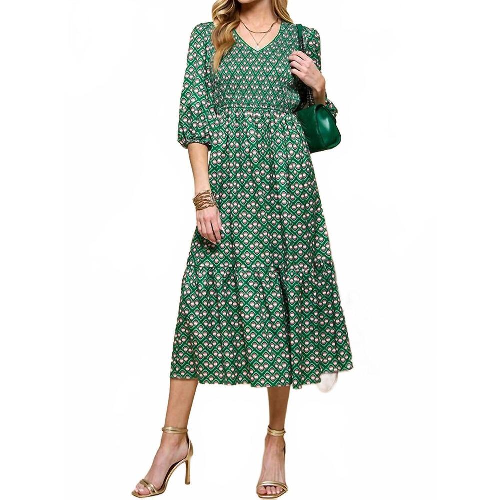 NEW CEZELE smocked midi dress in green